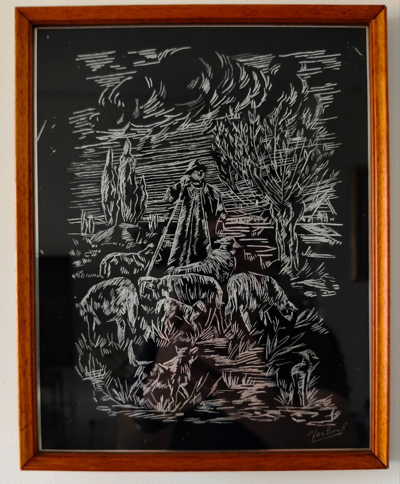 Originele krasplaat / ets herder met schapen - Jan Coene, Antiek en Kunst, 31 cm, Dagelijks leven, 26 cm, 1950 - 1999