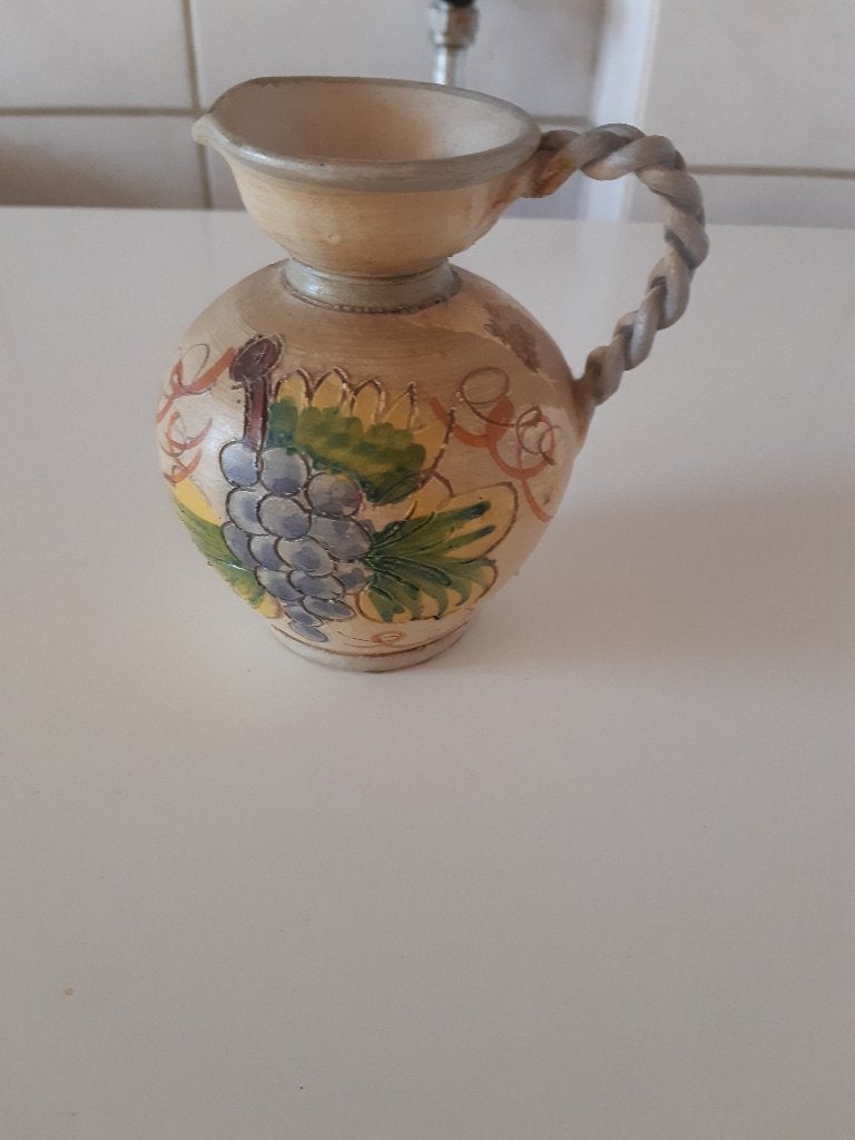 Vintage mediterraan aardewerk wijnkannetje, 12 cm, Overige kleuren, Ophalen of Verzenden, Zo goed als nieuw