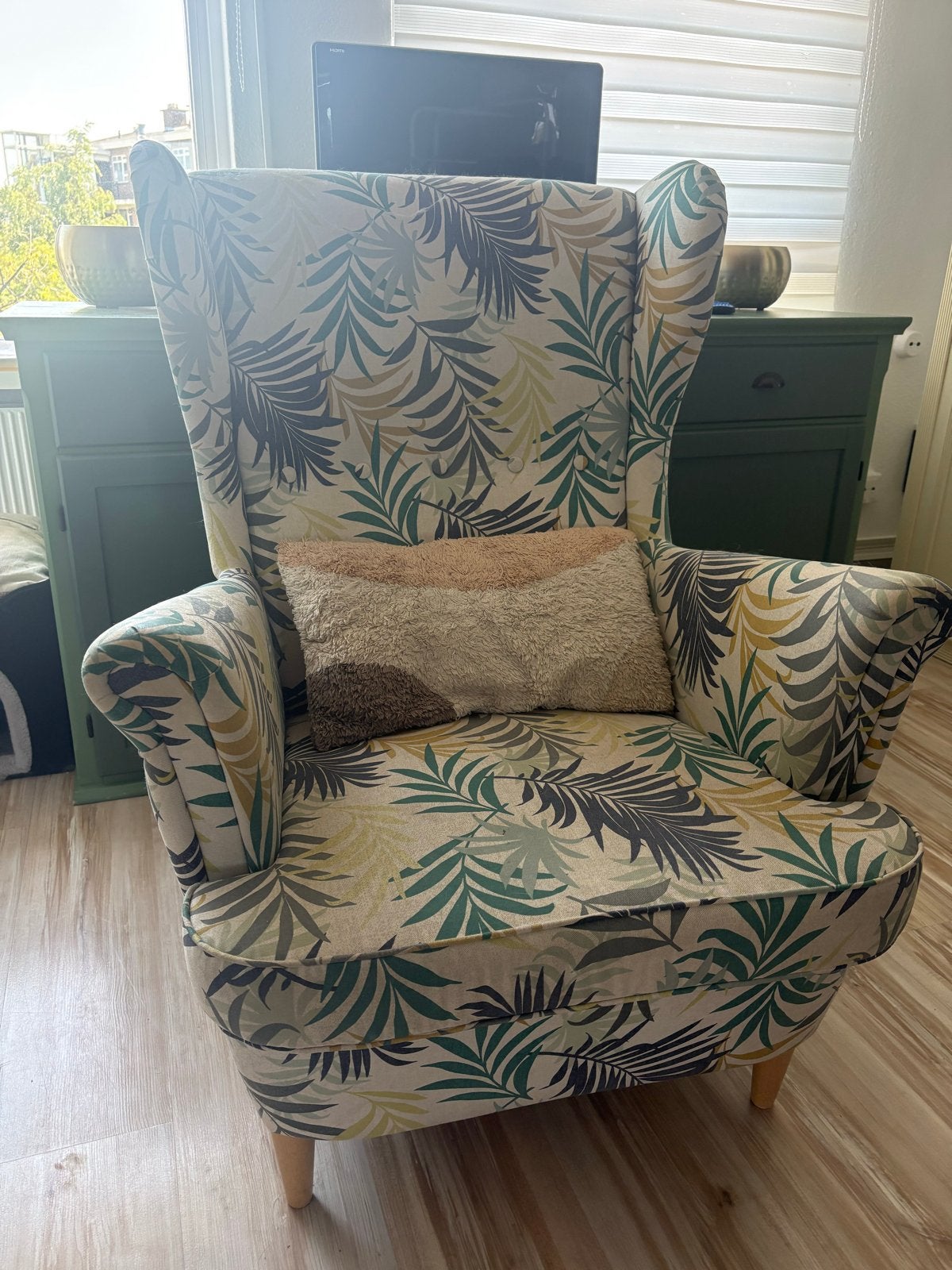 Comfortabele fauteuil met bladprint, Ophalen, Gebruikt, Stof, 75 tot 100 cm