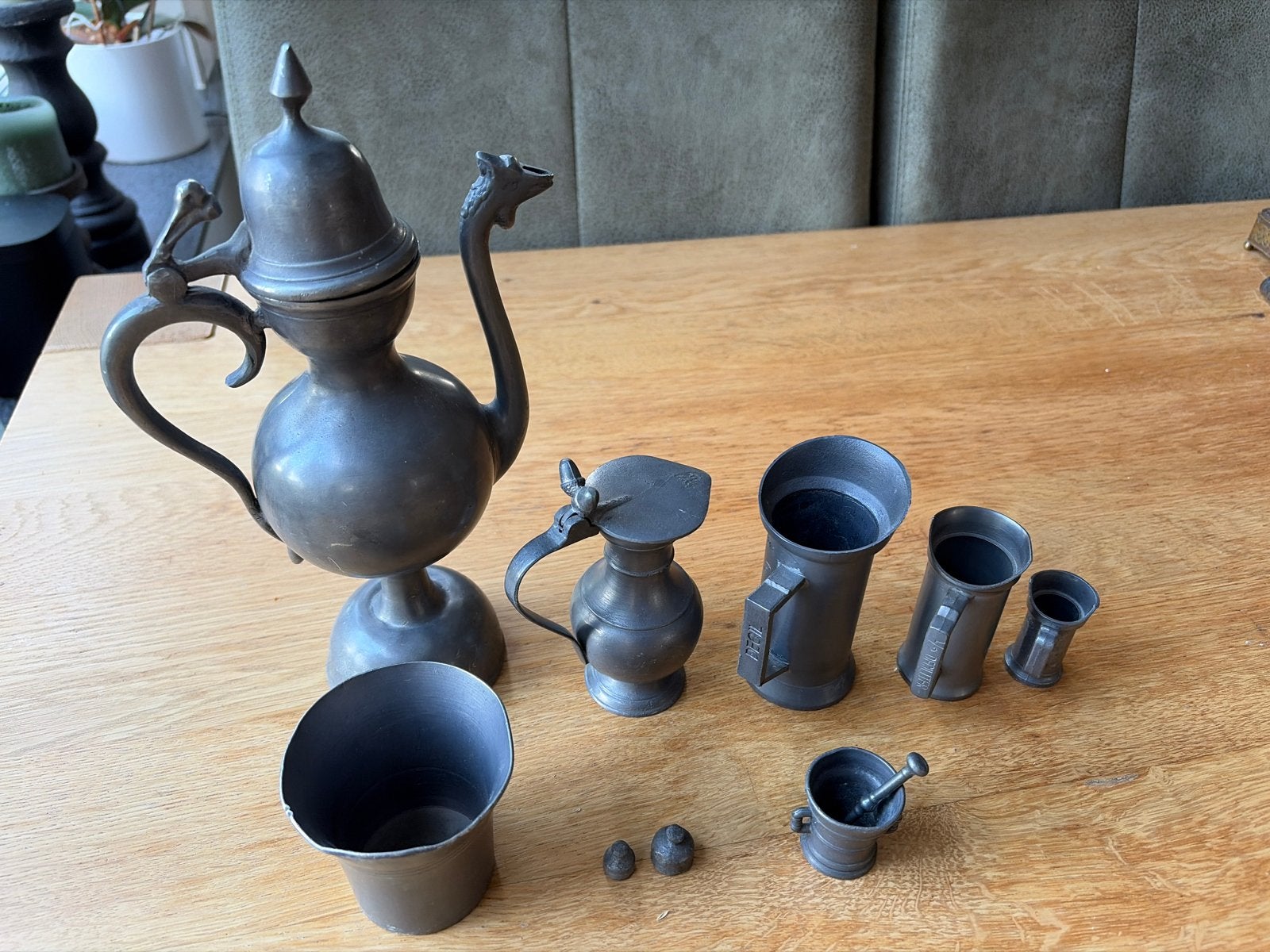 Antiek tinnen kan en maatbekers, Antiek en Kunst, Antiek | Tin, Ophalen of Verzenden