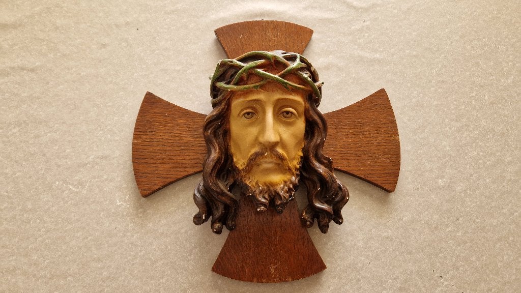 antiek religie kruis met hoofd jesus, Antiek en Kunst, Ophalen of Verzenden