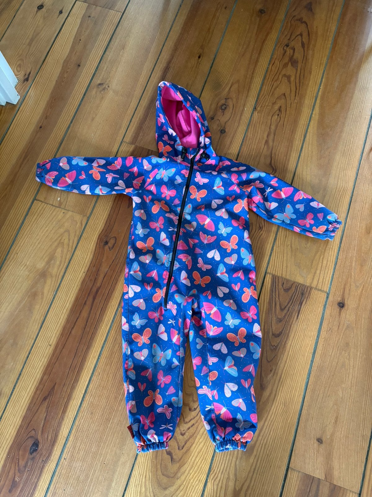 Ielm softshell buitenspeelpak maat 104 blauw met bloemen, Ophalen, Zo goed als nieuw, Regenjas