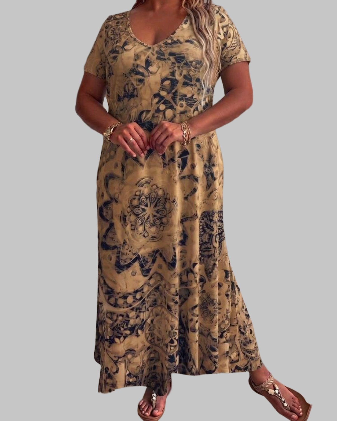 Maxi Jurk met Patroon - Bruin (44-54), Verzenden, Nieuw, Beige, Jurk