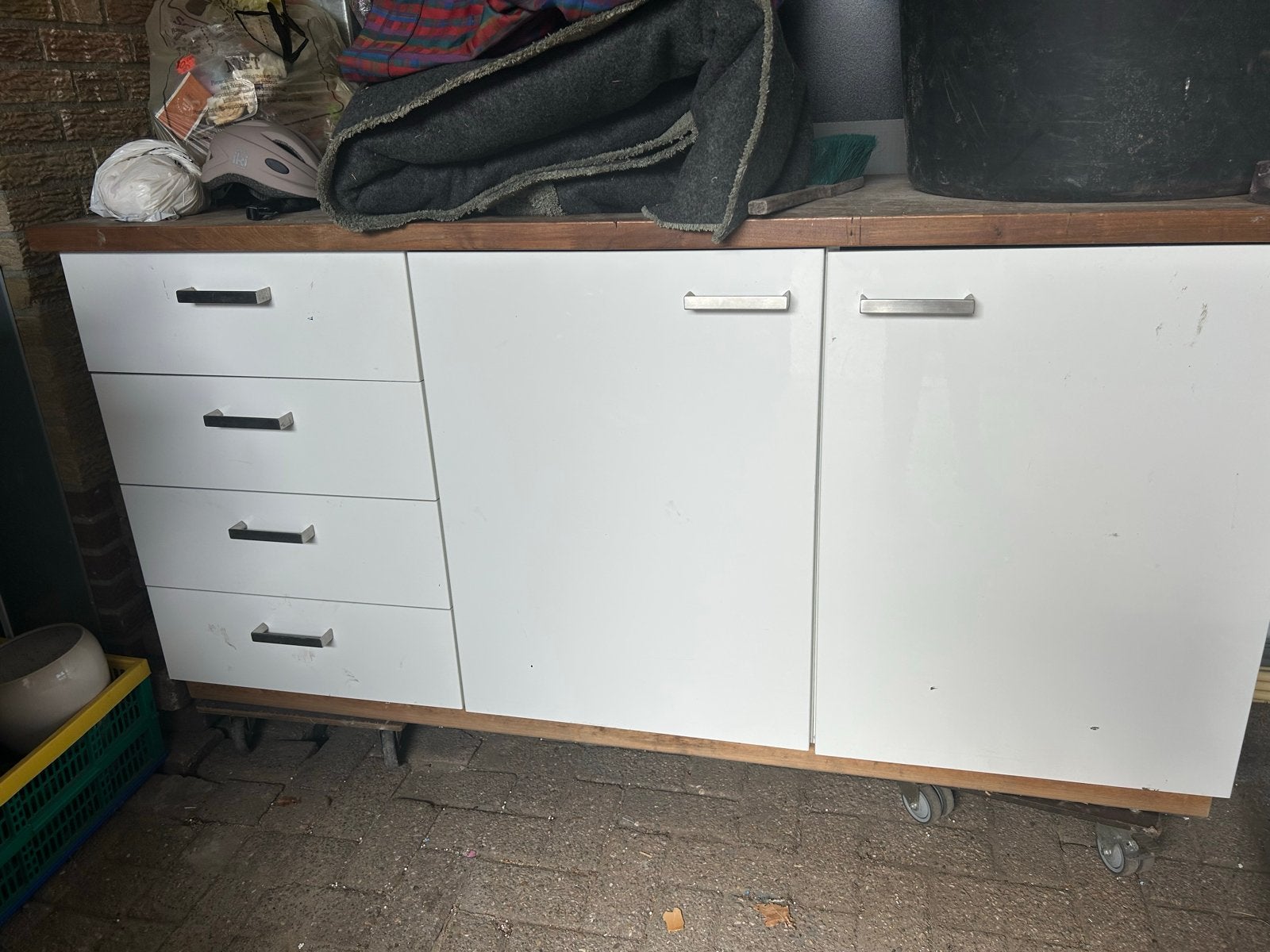 Oud keukenblok met lades en kastjes, Gebruikt, Wit, 150 tot 200 cm, Ophalen of Verzenden