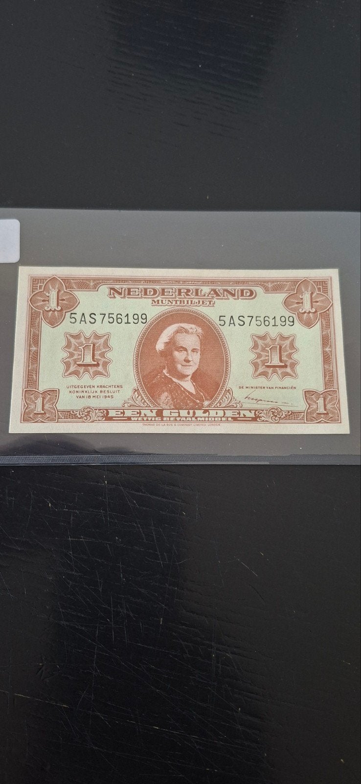 1 gulden biljet 1945 unc bieden1 cijf.2lett. 6 cijfers, Ophalen of Verzenden