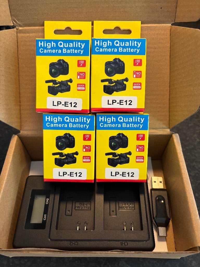 4x LP-E12 Batterijen + Dual Oplader voor Canon Camera, Ophalen of Verzenden, Nieuw, Oplaadbaar