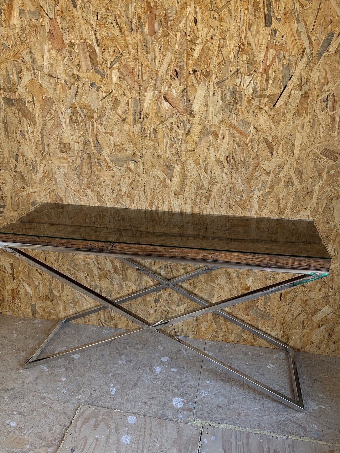 Luxe sidetable / wandtafel – glas & RVS – houtlook, Huis en Inrichting, Tafels | Sidetables, Ophalen of Verzenden, Glas, Zo goed als nieuw