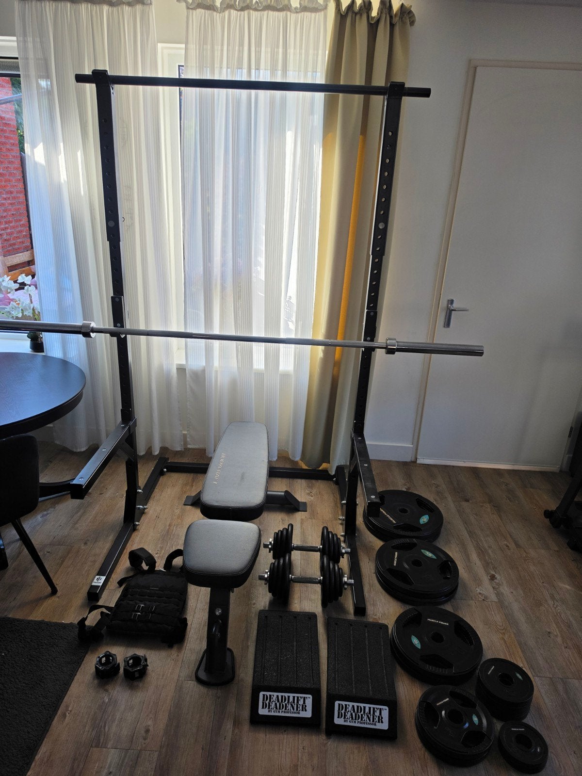 Complete Home Gym: PowerCage, Bankje, Halterstang, Gewichten, Sport en Fitness, Fitnessmaterialen, Ophalen
