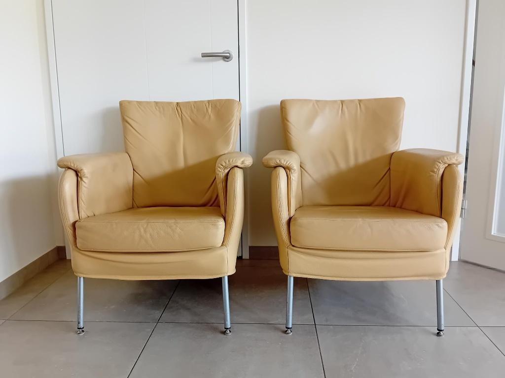 2 lederen fauteuils kleur Rodeo desert, Huis en Inrichting, Fauteuils, Ophalen, Gebruikt, Minder dan 75 cm, Leer