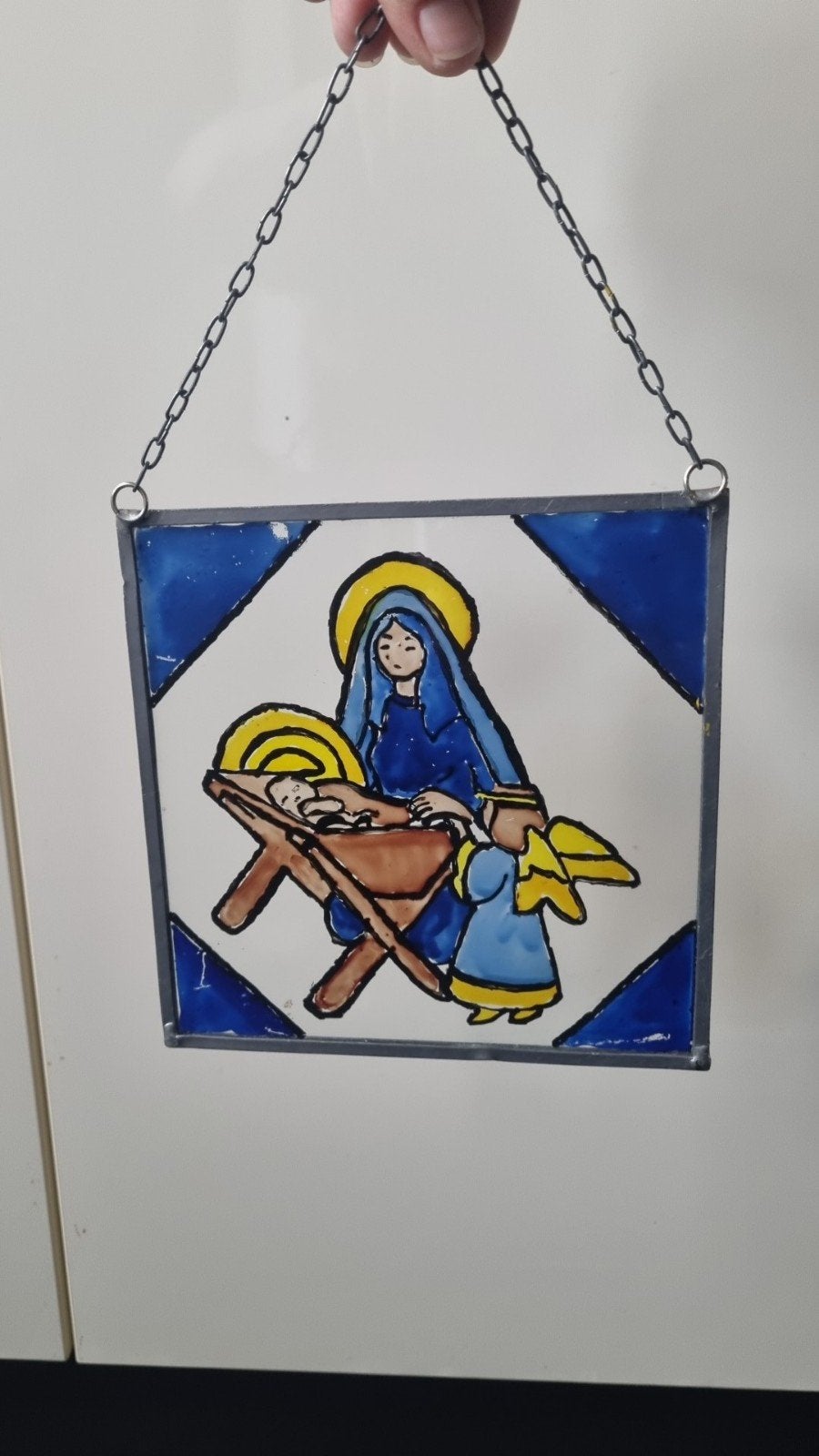 Kerststal glas in lood raamhanger, Ophalen of Verzenden