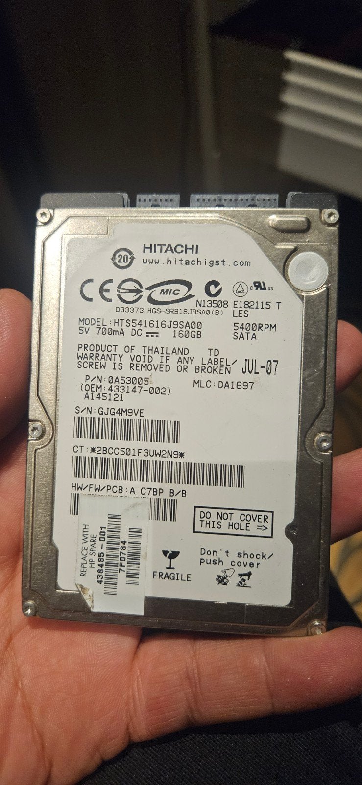 Hitachi HTS541616J9SA00 160GB SATA HDD, Computers en Software, Intern, Gebruikt, 160GB, Ophalen of Verzenden