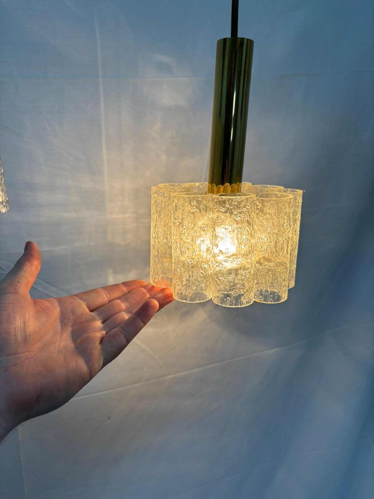 Vintage Doria Leuchten hanglamp, ijsglas tubes '60/'70, Ophalen of Verzenden, Gebruikt, Glas