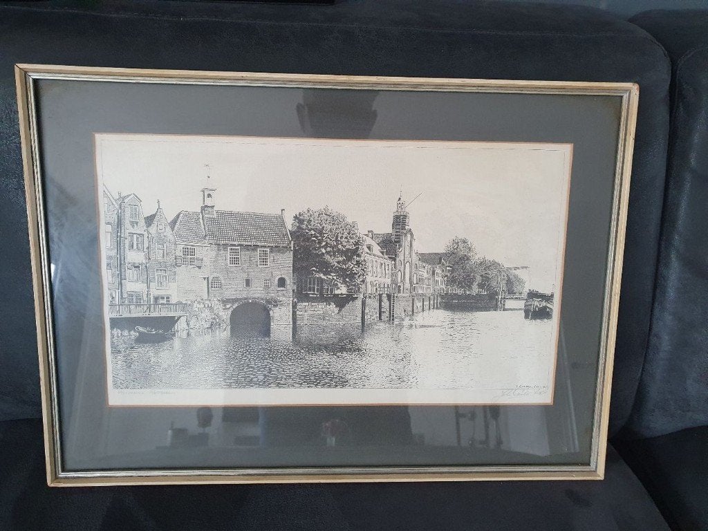Ets van john carter smit, Antiek en Kunst, Kunst | Etsen en Gravures, Ophalen, Stadsgezicht, 50 cm, Ingelijst