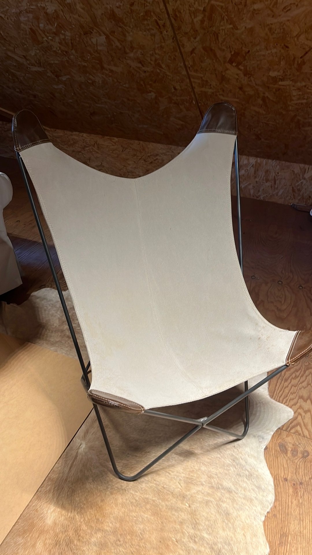 Vlinderstoel canvas en leer, Huis en Inrichting, Fauteuils, Ophalen, ., 75 tot 100 cm, Zo goed als nieuw