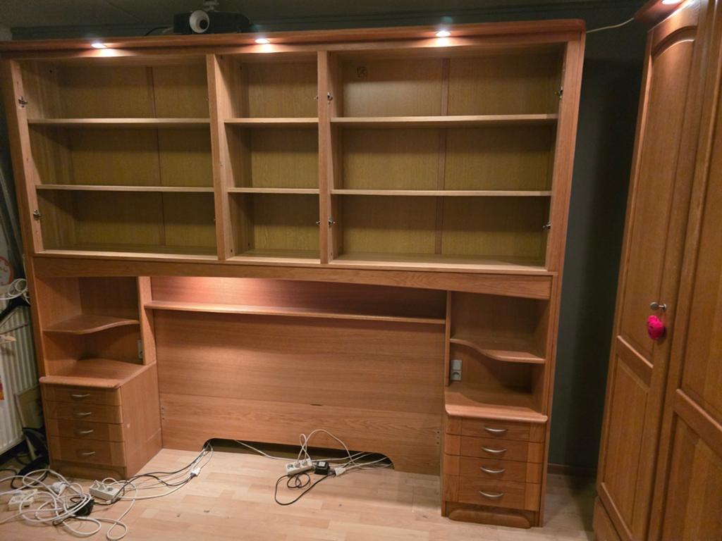 Bed ombouw hoogbouw  en kastenwand, Ophalen, Gebruikt, Bruin, Tweepersoons