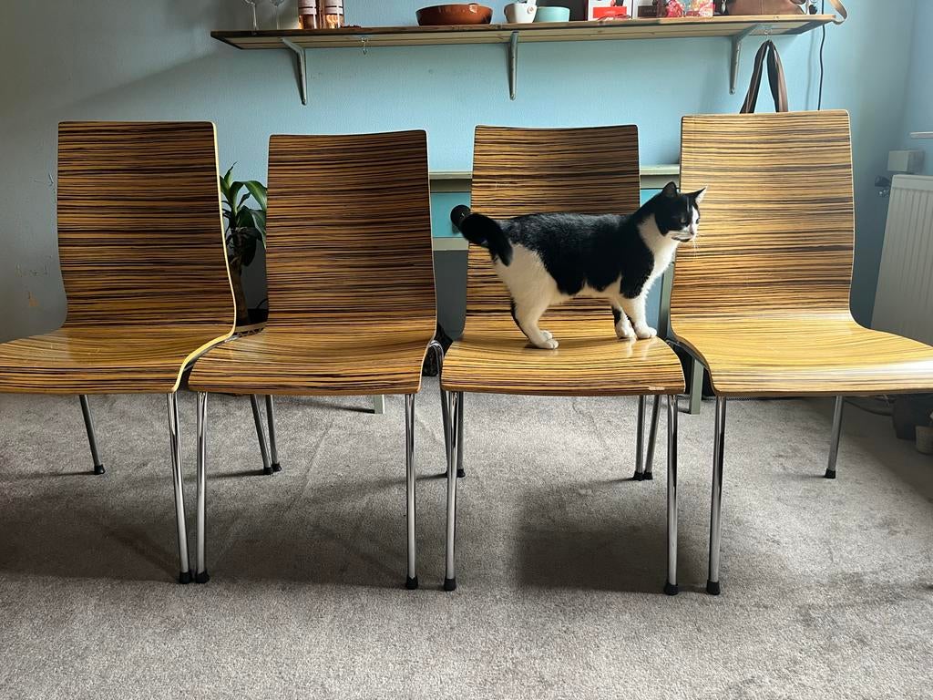 Vier design stoelen met streepmotief, Ophalen, Gebruikt, Bruin, Vier