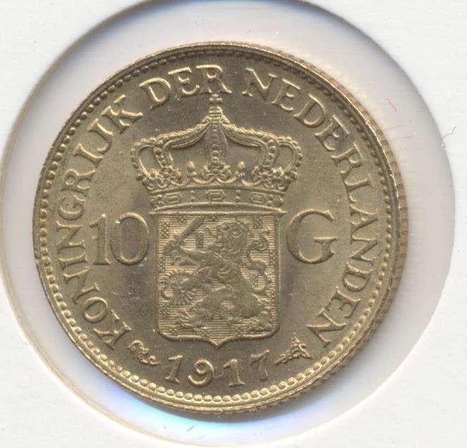 Nederland 10 Gulden 1917 Wilhelmina, Koningin Wilhelmina, Losse munt, 10 gulden, Goud
