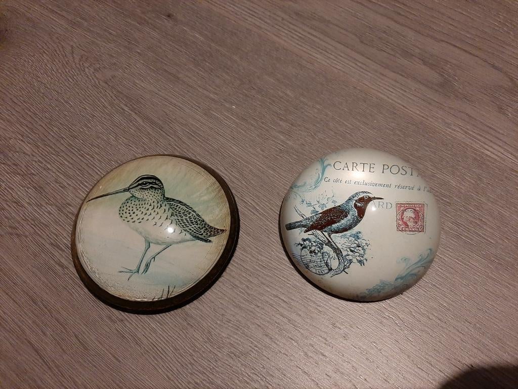 2 Brocante glazen halve bol met vogel afgebeeld, Ophalen of Verzenden