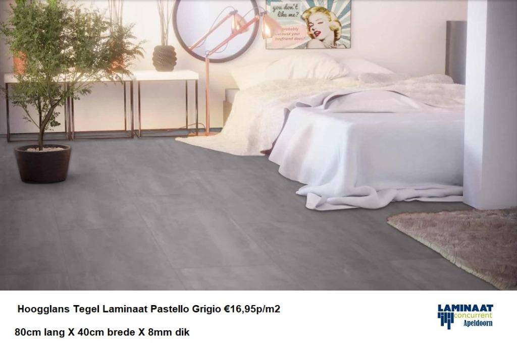 Hoogglans Tegel Laminaat Grigio 81cm X 40cm €19,95p/m2, Huis en Inrichting, Verzenden, Nieuw, Grijs, Laminaat