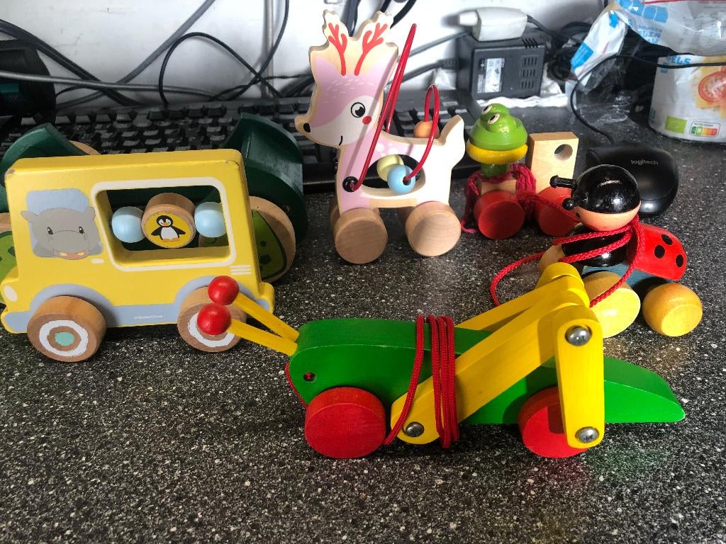 Houten kinderspeelgoed 7 stuks met touwtje, Ophalen, Zo goed als nieuw, Duw- of Trekspeelgoed