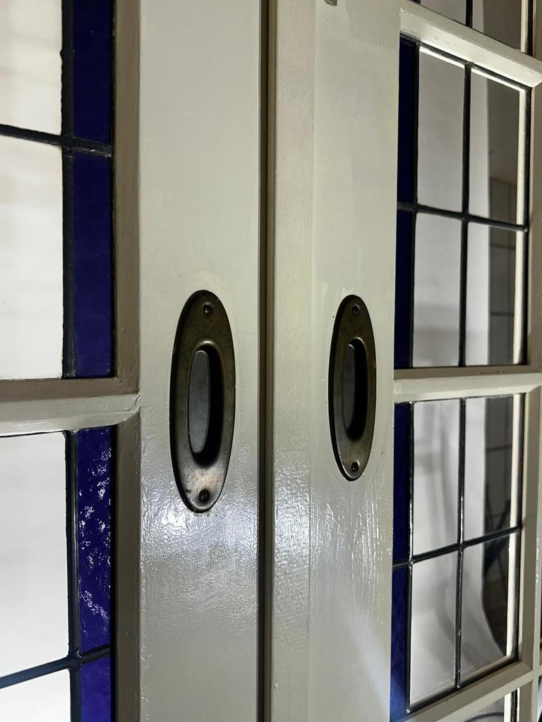 Zeer mooie set ensuite schuifdeuren glas in lood + roede, 120 cm of meer, Binnendeur, Ophalen of Verzenden, 200 tot 215 cm