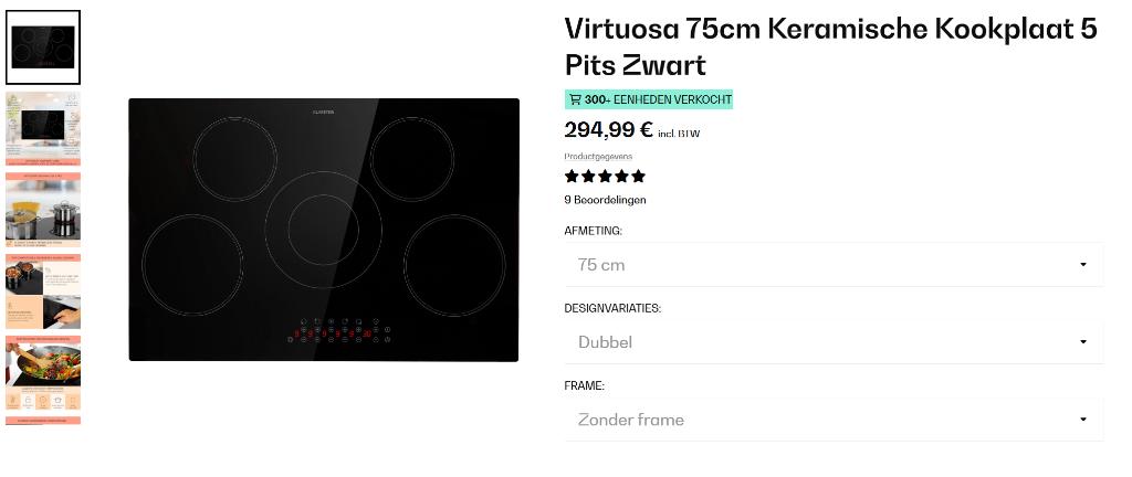 Keramische Kookplaat 5 Pits Zwart 75cm, Witgoed en Apparatuur, Kookplaten, Ophalen, Keramisch, Nieuw, Energieklasse A of zuiniger