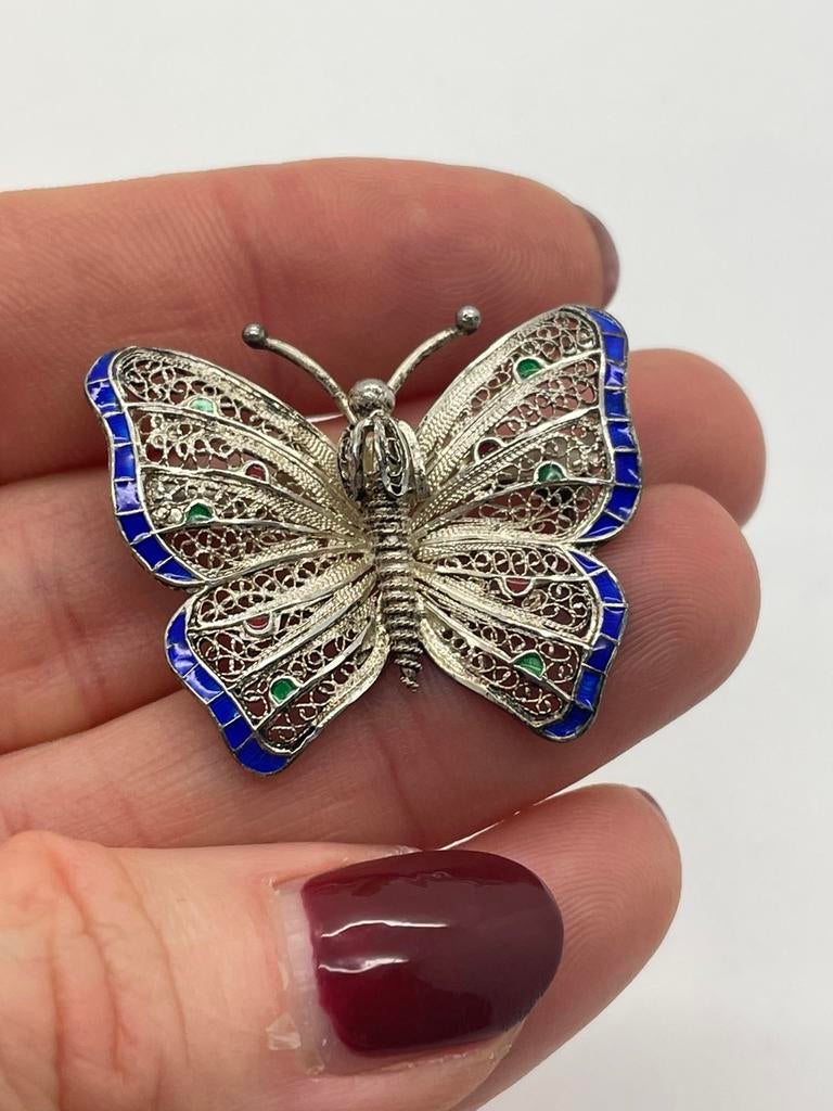 C193 Prachtige zilveren vlinder blauw emaille, Sieraden, Tassen en Uiterlijk, Antieke sieraden, Ophalen of Verzenden, Zilver, Broche