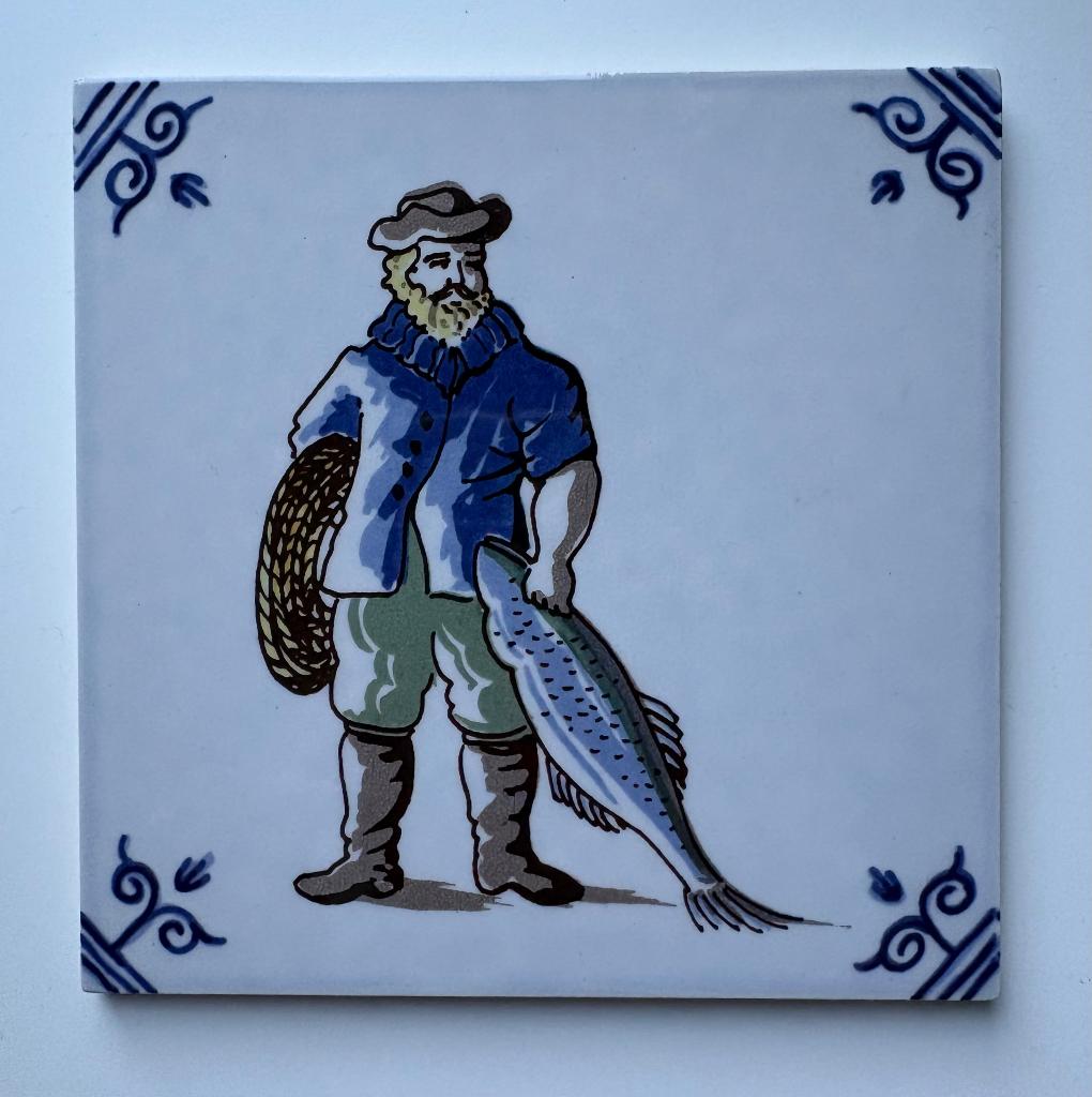 Handgeschilderde Delftse tegel – visser – 12,5 x 12,5 cm, Ophalen of Verzenden