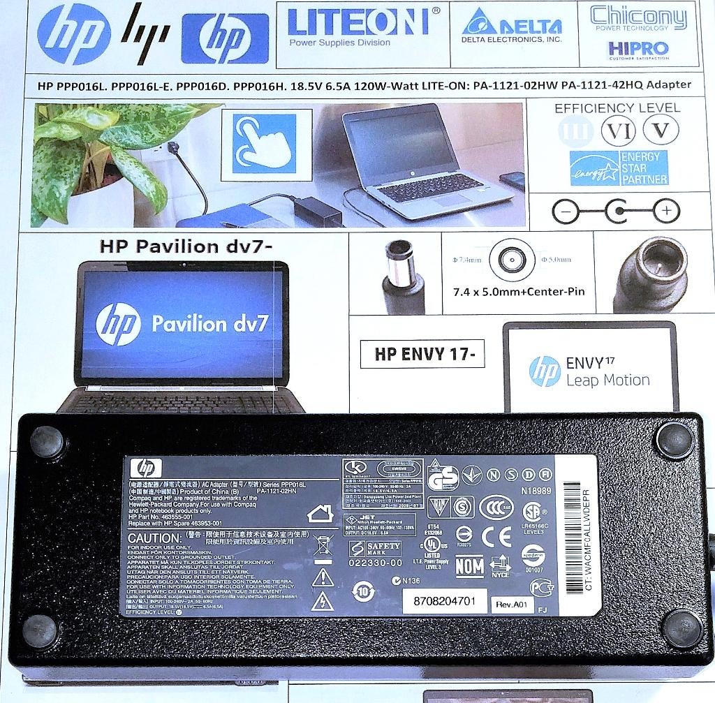 HP PPP016L 18.5V 19.5V PA-1121-02HW 516562-001 120W Adapter