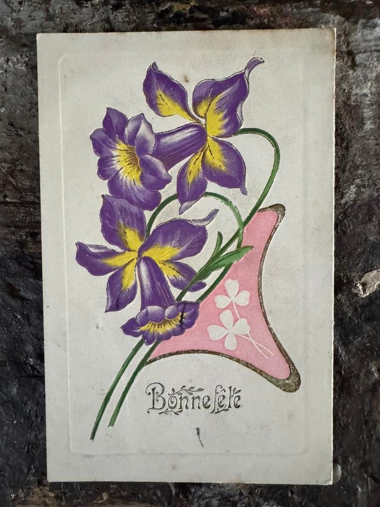 Oude kaart, bloemen reliëf, 1905, Ophalen of Verzenden