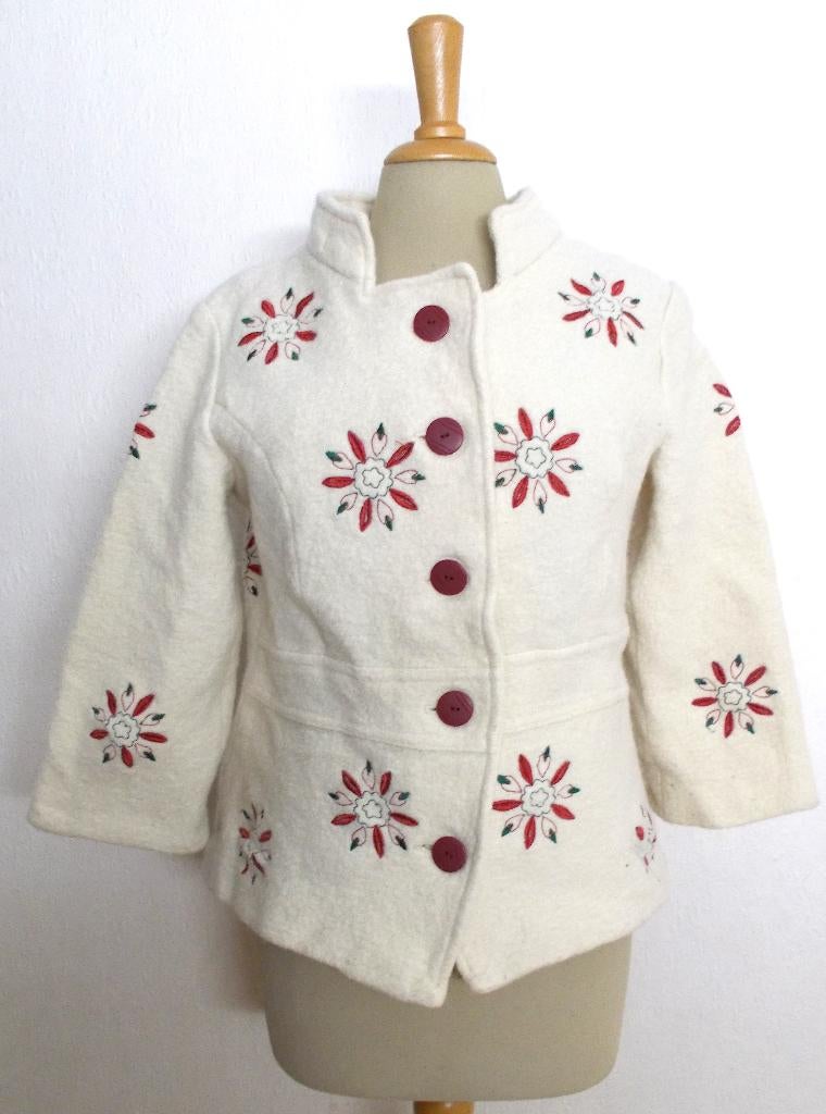 Mooi beige/rood folklore vilt/wollen hand gemaakt jasje! L, Beige, Maat 42/44 (L), Ophalen of Verzenden, Zo goed als nieuw