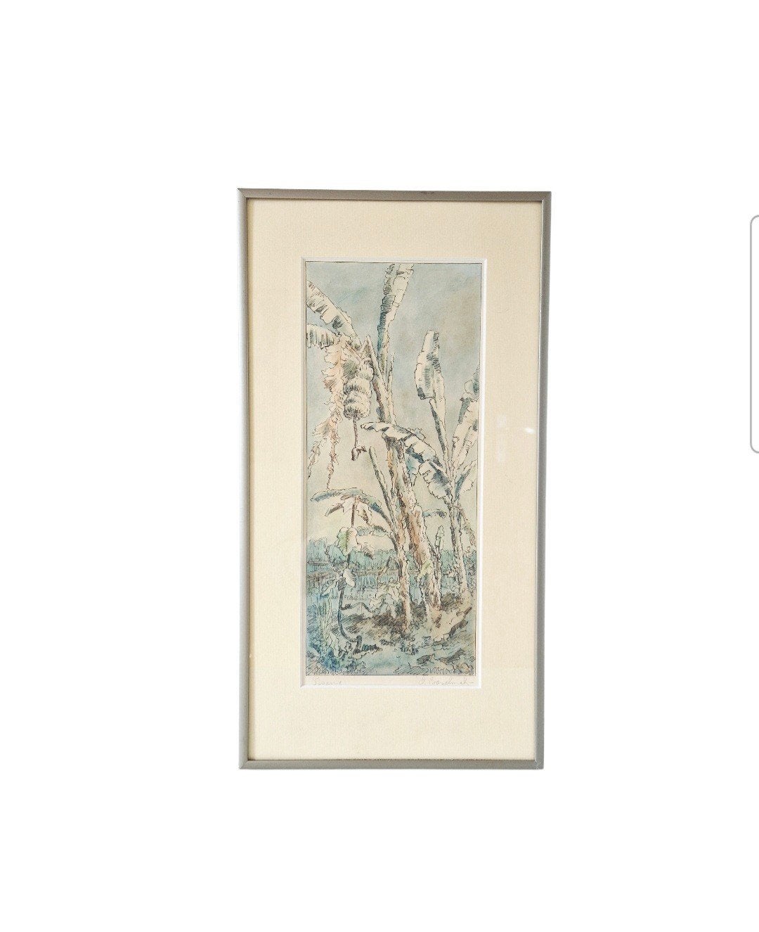 Gesigneerde Pentekening met Aquarel - 43x23 cm, Ophalen of Verzenden, Gemengde techniek, Achter glas