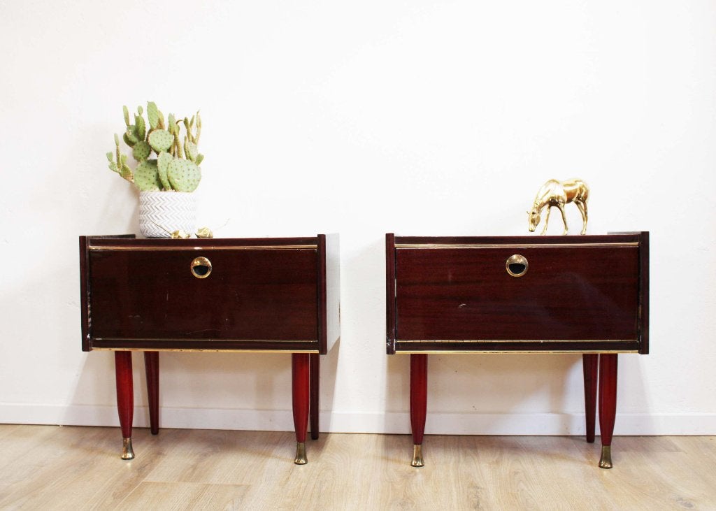 Set vintage nachtkastjes. Houten retro kastjes, Huis en Inrichting, Ophalen, O, O, 45 tot 65 cm