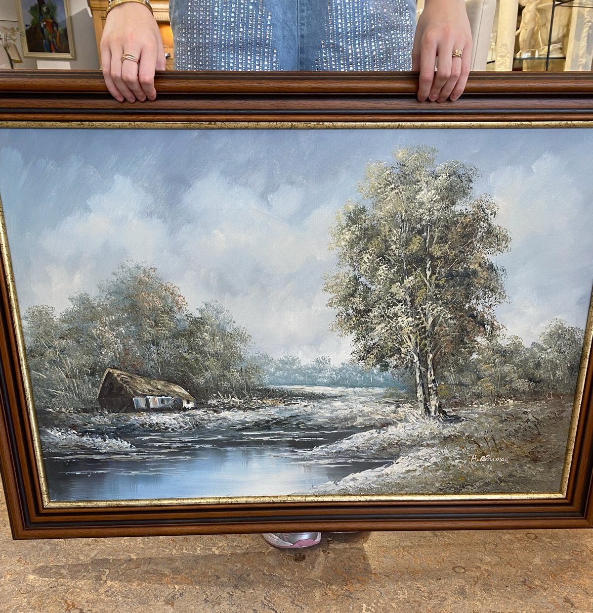 Sfeervol Landschap Schilderij met Huisje en Water, Ophalen, Doek, Realistisch, Gesigneerd