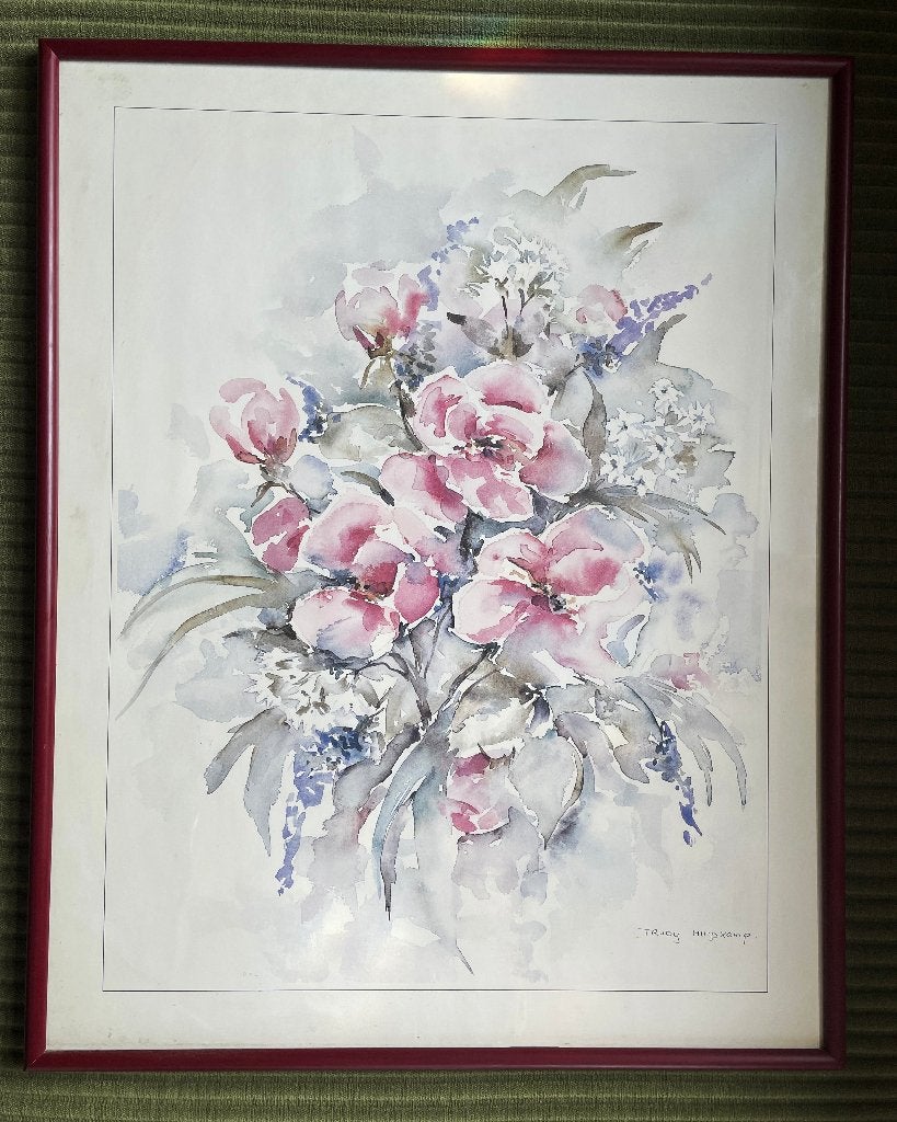 Aquarel bloemenstilleven van Trudy Huyskamp, Impressionistisch, Aquarel, Papier, Achter glas