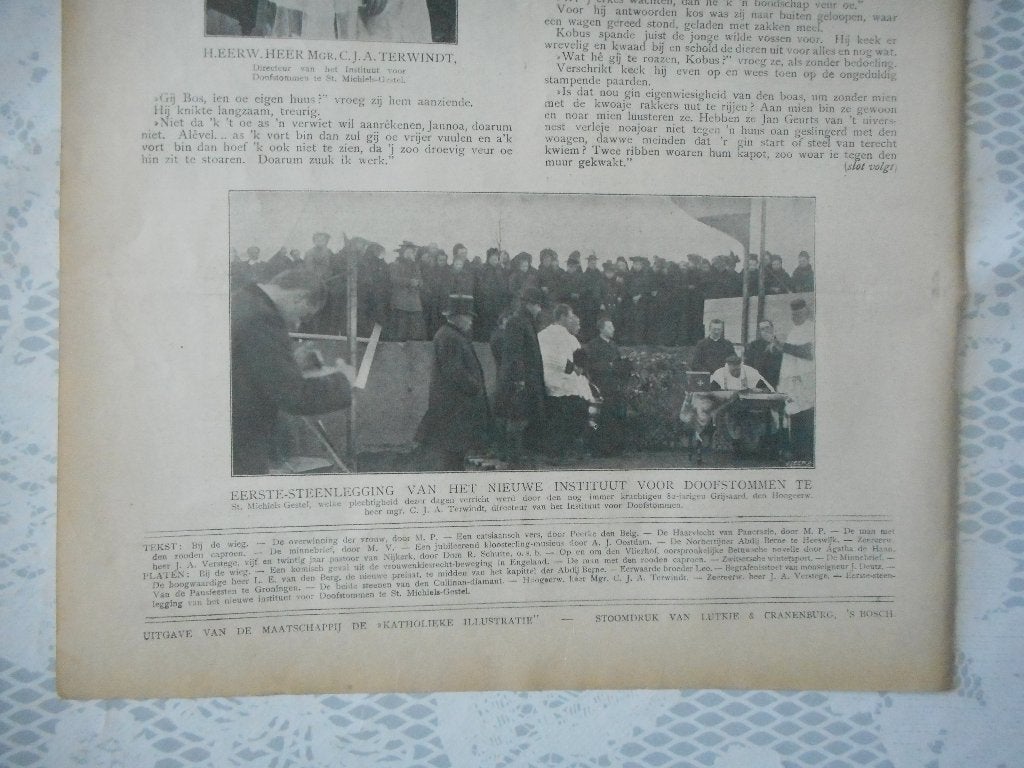 St. Michiels-Gestel. Inst. doofstommen. Eerste-steen. 1908., Verzamelen, Ophalen of Verzenden, Voor 1920, Nederland, Knipsel(s)