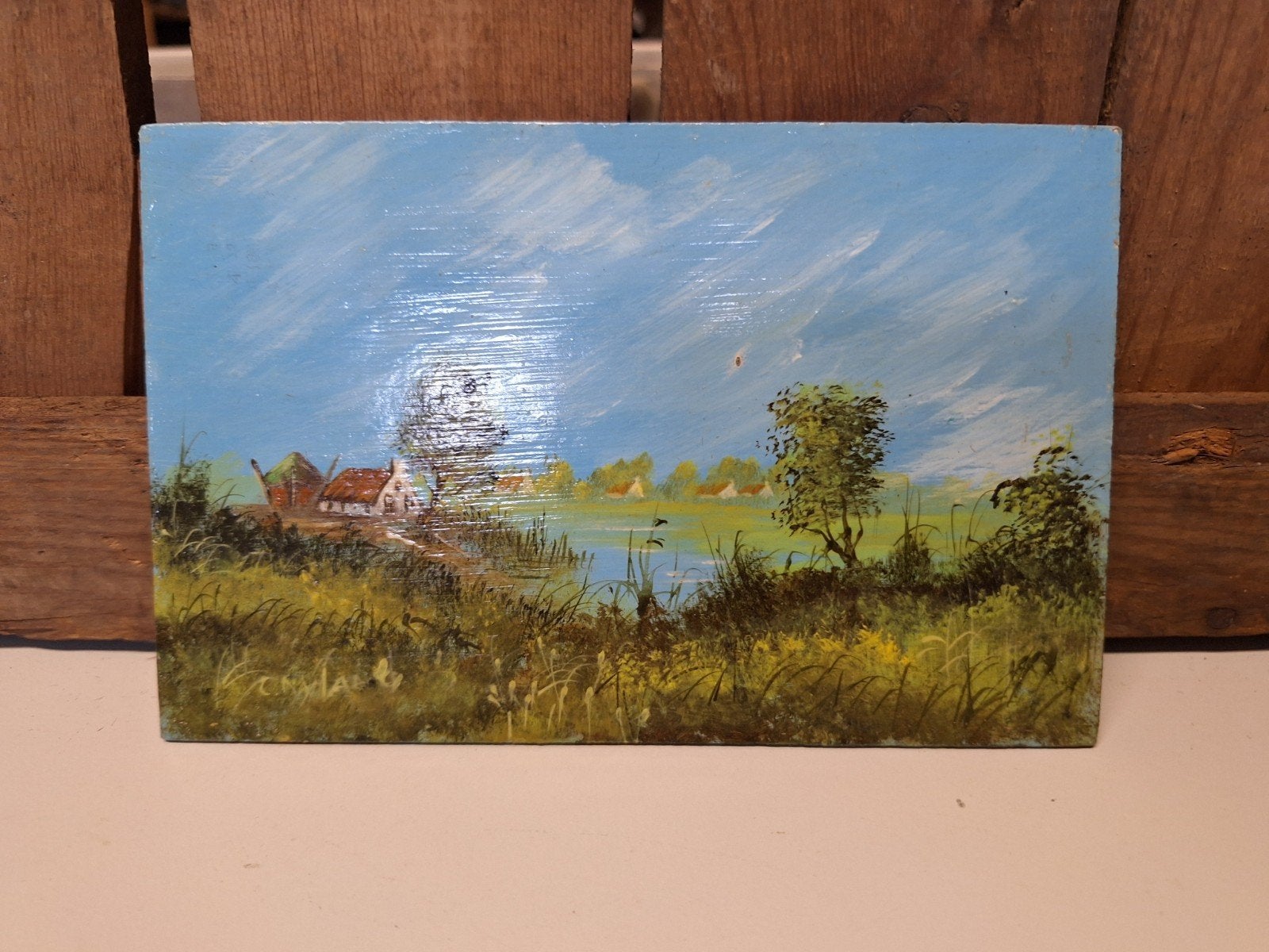 Schilderij Hollands landschap 17x11 cm, Antiek en Kunst, Ophalen, Paneel, Realistisch, Landschap
