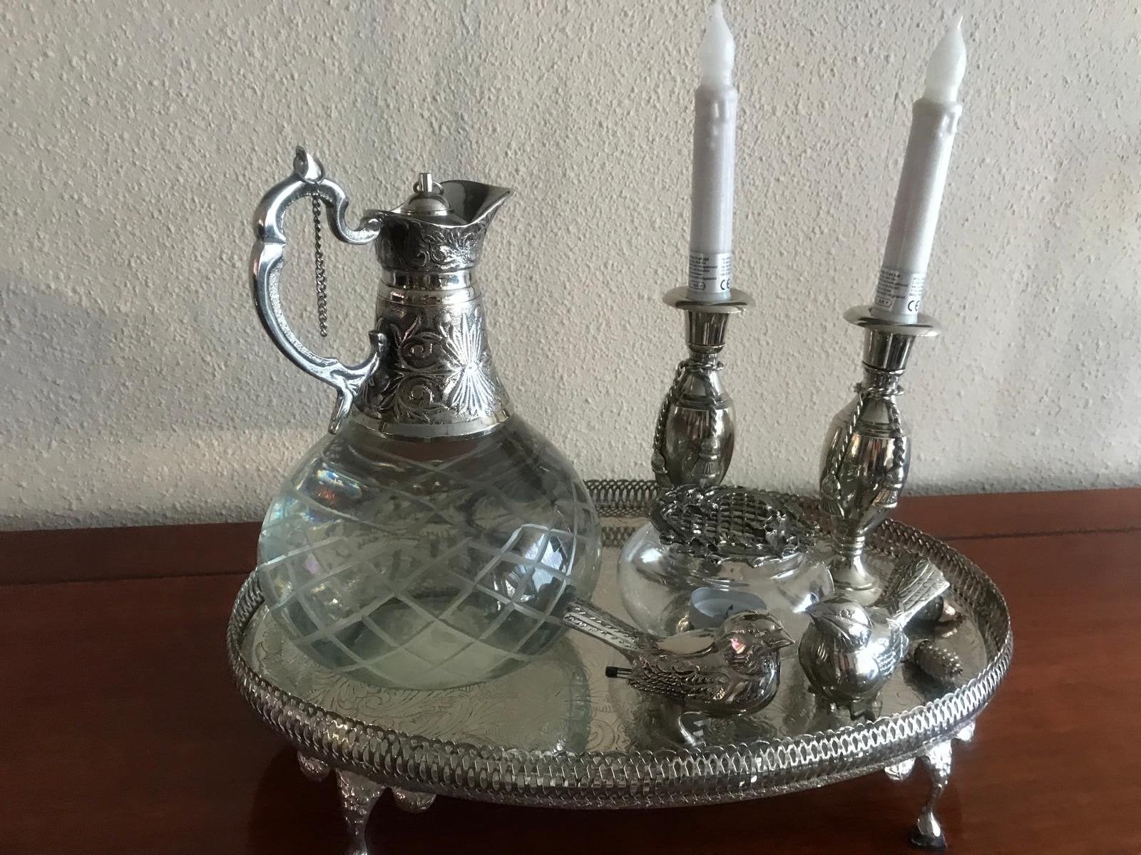 zilver kleurig karafset met dienblad en kandelaars, Antiek en Kunst, Ophalen of Verzenden, Zilver