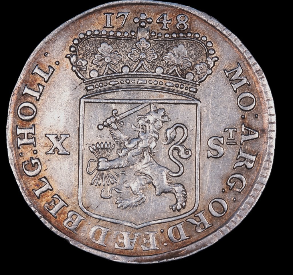 10 stuiver Holland 1748. Zfr/ Pr., ½ gulden, Vóór koninkrijk, Zilver, Ophalen of Verzenden