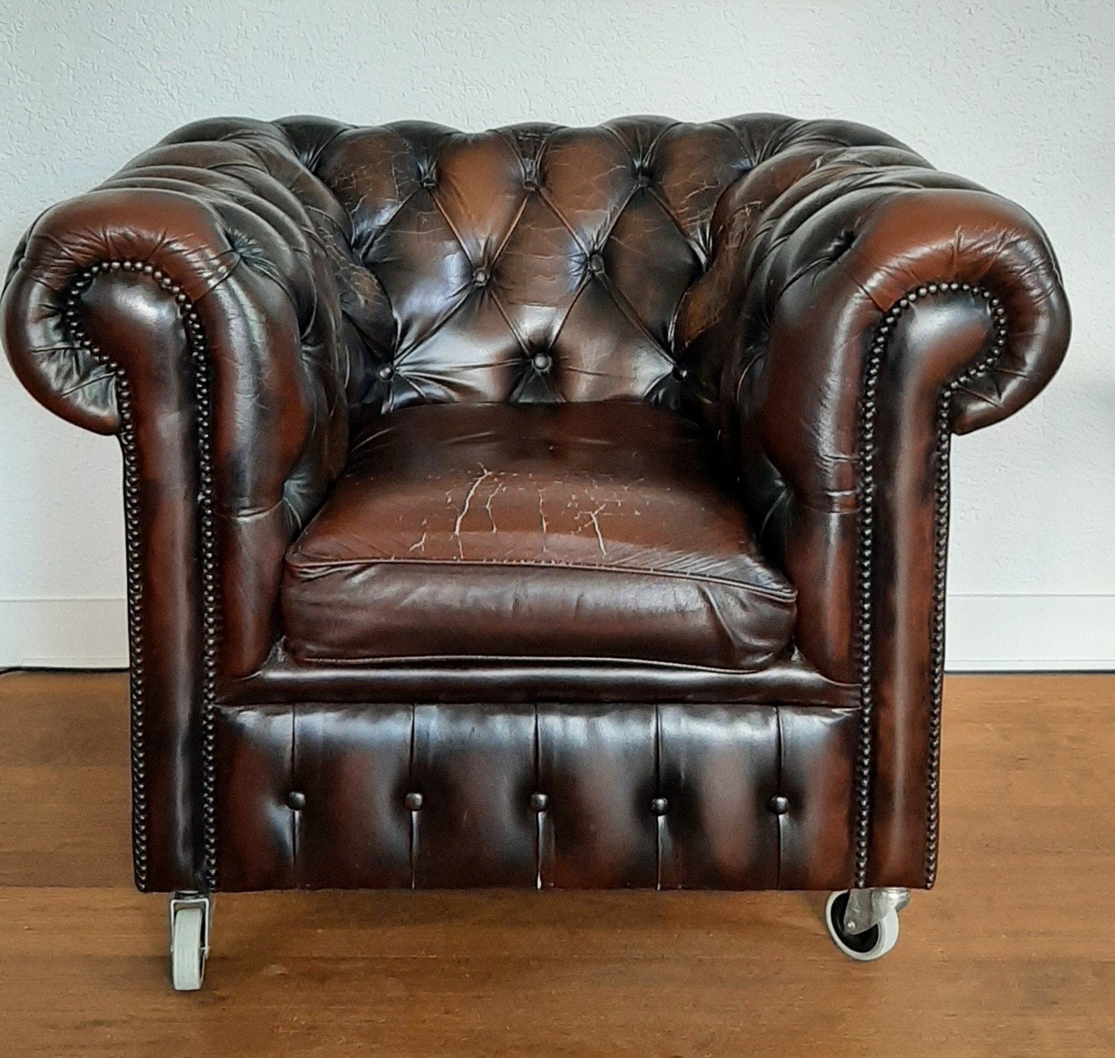 Vintage echt leren chesterfield, Ophalen, Gebruikt, 75 tot 100 cm