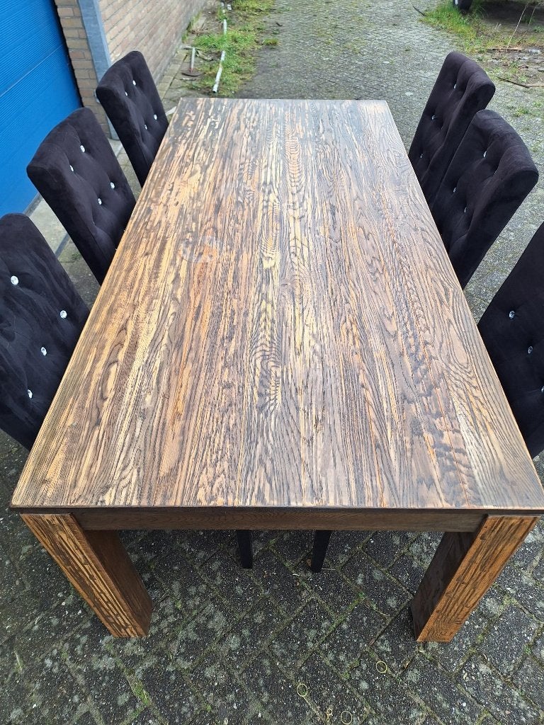 Koloniale eettafel met 6 stoelen, Ophalen, Gebruikt, 100 tot 150 cm, Koloniaal