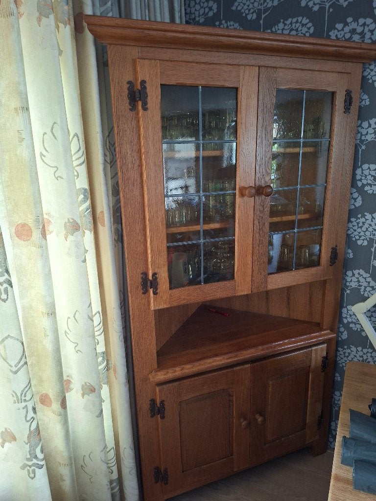 Eikenhouten hoekkast met glazen deuren, Ophalen, Eikenhout, Klassiek, 50 tot 100 cm