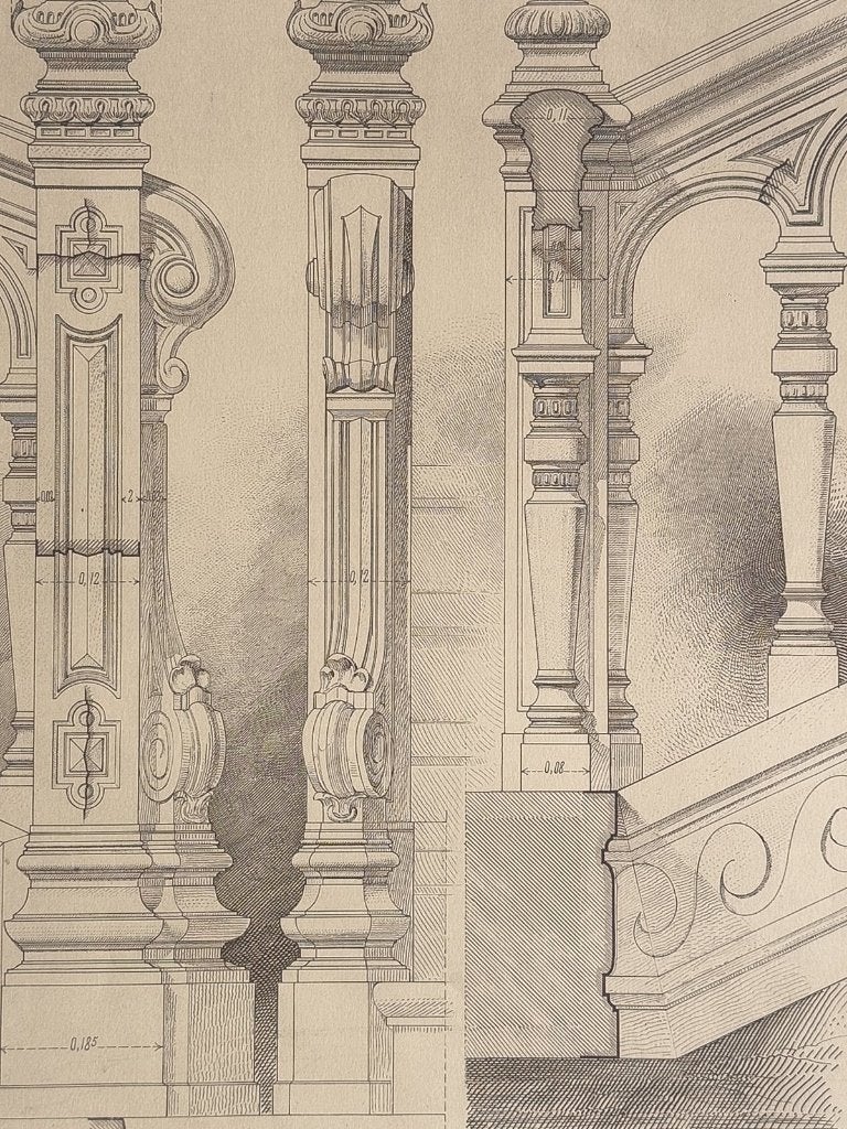 Antieke litho 1910 - houtbewerking trap Elzas-chalet, Verzenden, Architectuur, 50 cm, 40 cm