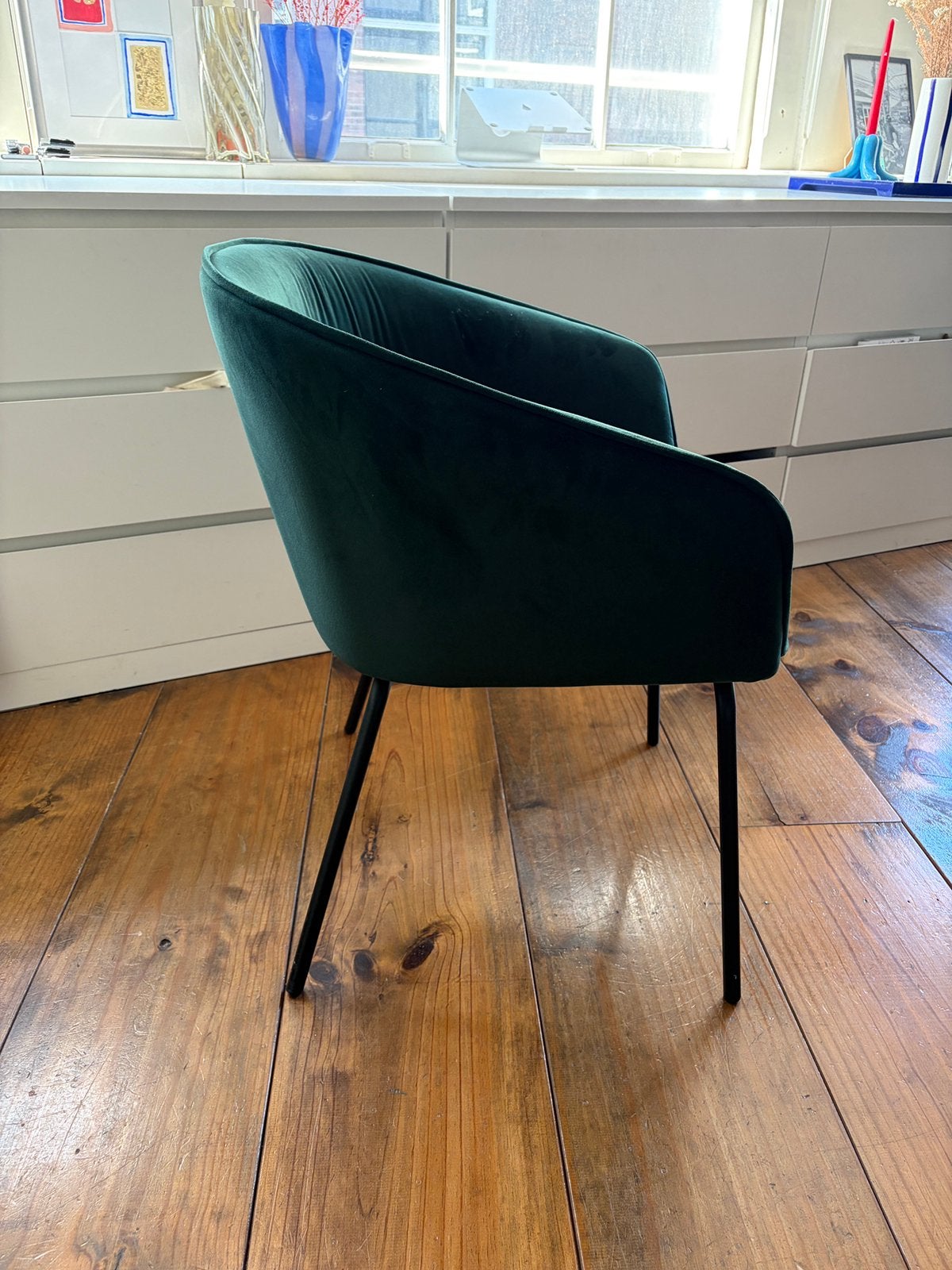 6x Woood eetkamerstoelen Velvet Groen, Ophalen, Overige kleuren, Design, Zo goed als nieuw