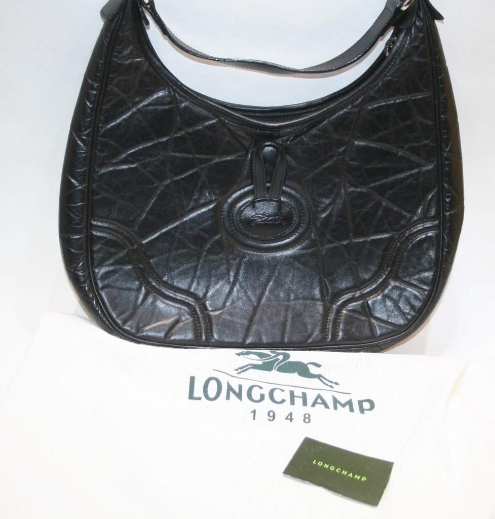 LONGCHAMP Roseau hand/schoudertas, zwart kalfsleder  stoftas, Verzenden, Gebruikt, Zwart, Handtas