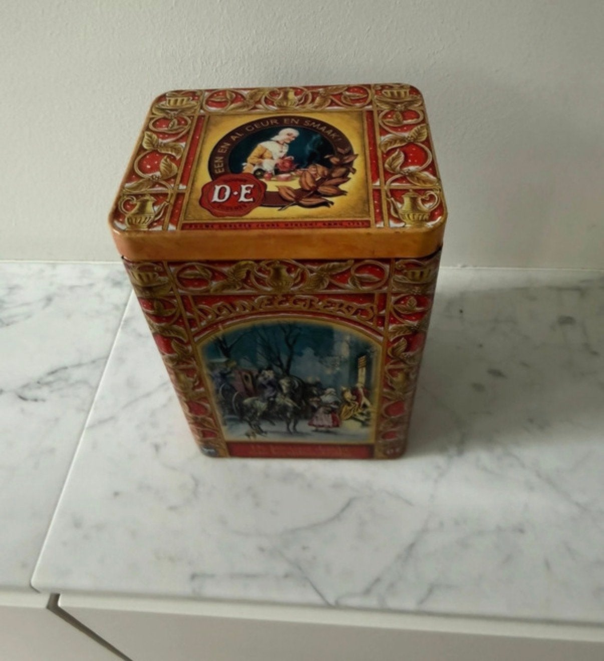 Vintage Douwe Egberts Koffie-Thee Blik - kerst editie, Ophalen of Verzenden