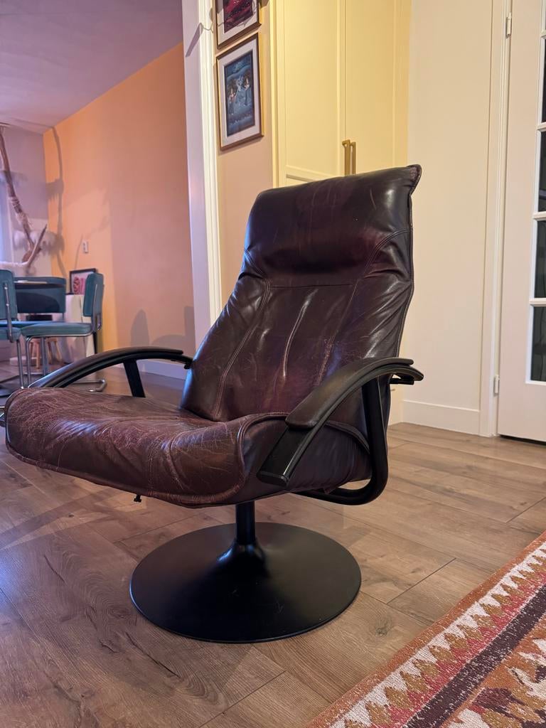 Vintage Kabe draaifauteuil – Deens design – donkerbruin leer, Ophalen, Gebruikt, Leer, 75 tot 100 cm