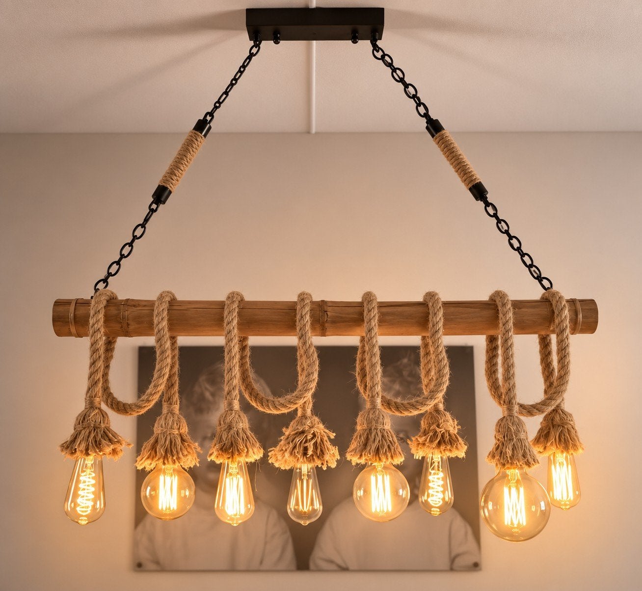 Hanglamp van bamboe en touw met 8 Edison lampen, Ophalen, Gebruikt, Natuurlijk materiaal, E27 (groot)