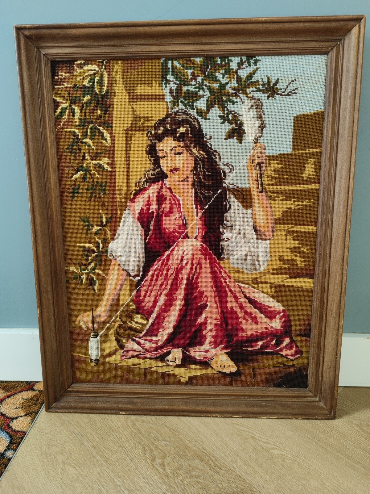 prachtig geborduurde afbeelding (vintage/retro), Huis en Inrichting, Ophalen of Verzenden, Zo goed als nieuw, 50 tot 75 cm, Schilderij