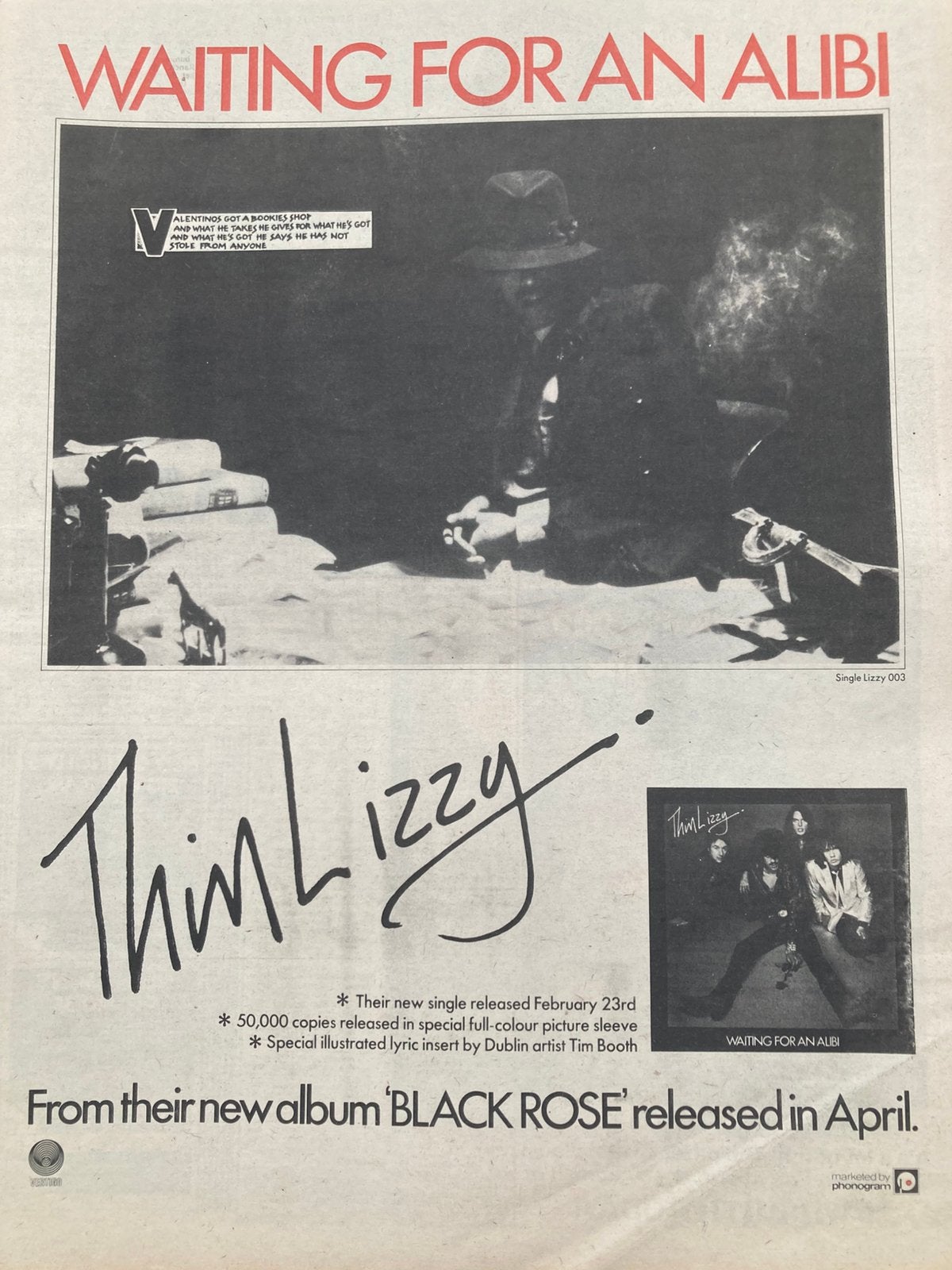Paginagrote A3 advertentie THIN LIZZY Waiting Alibi release, Cd's en Dvd's, Ophalen of Verzenden, Gebruikt